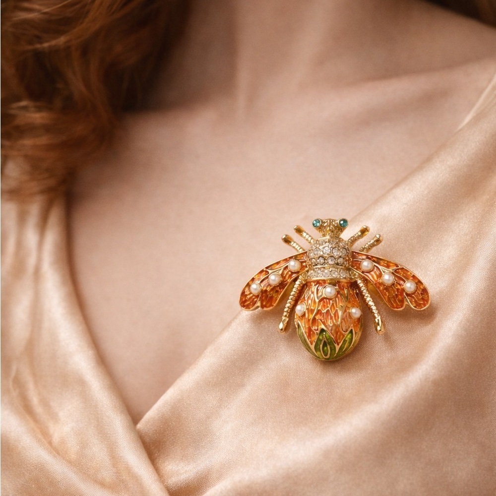 Whimsical Gold Bee Brooch with Pearls